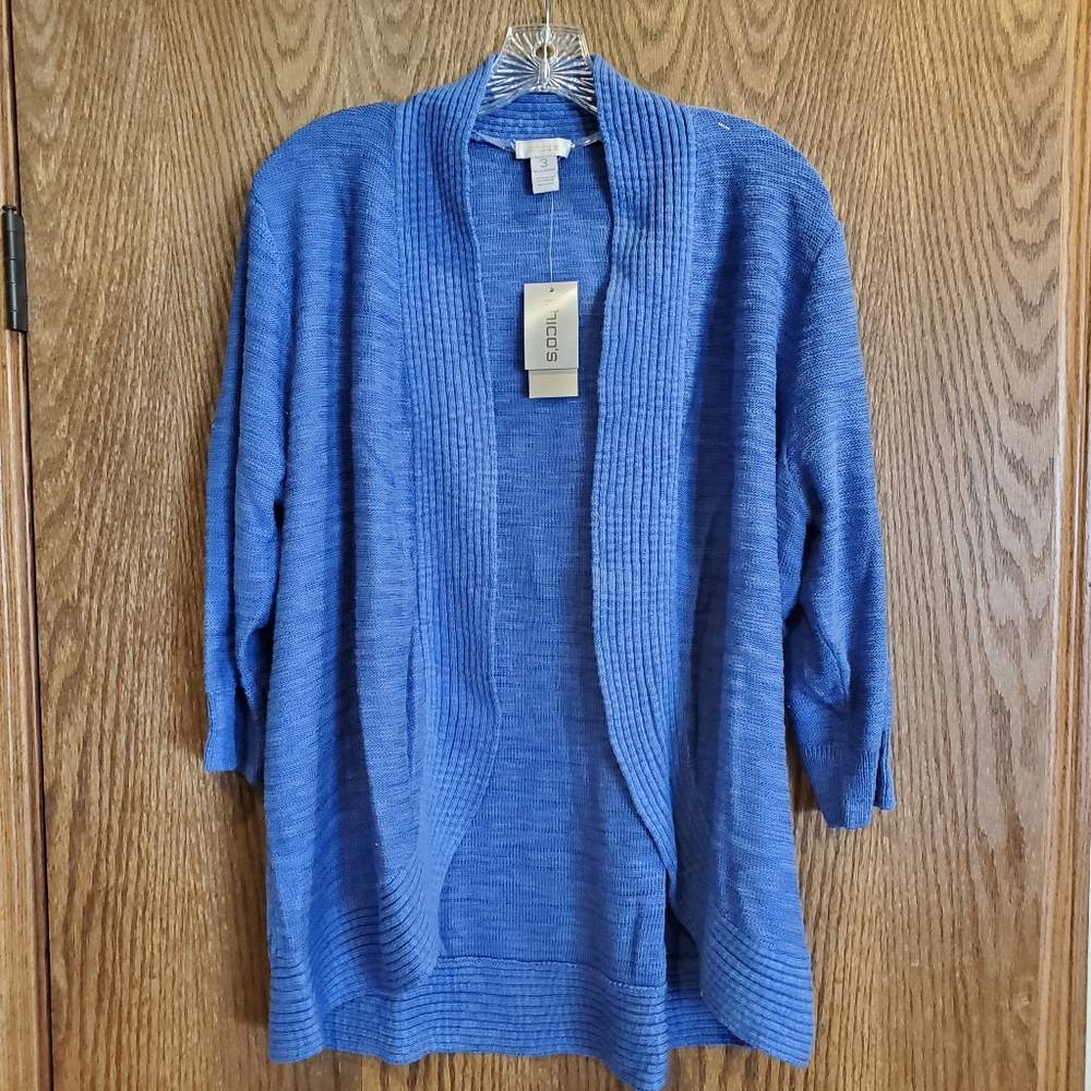 Chico's Savanna Slub Cardigan Sweater - Amparo Blue - Size 3  NWT